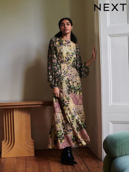 Black & Pink Floral Patchwork Print Long Sleeve Midi Dress (F35446) | £42