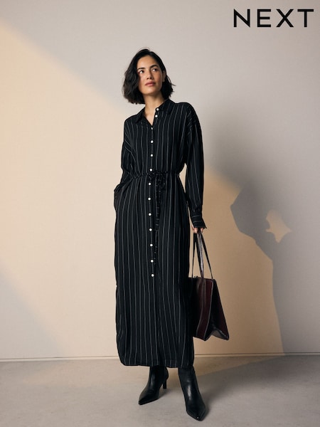 Black & White Pinstripe Long Sleeve Tie Waist Shirt Dress (F35447) | £42