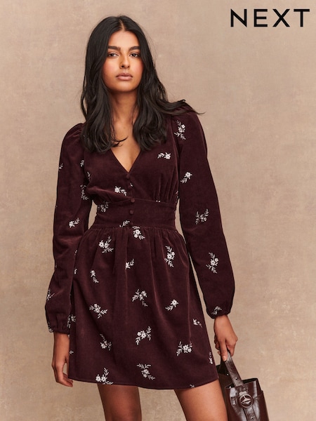 Burgundy Red/White Floral Mini Cord Long Sleeve Dress (F35454) | £48
