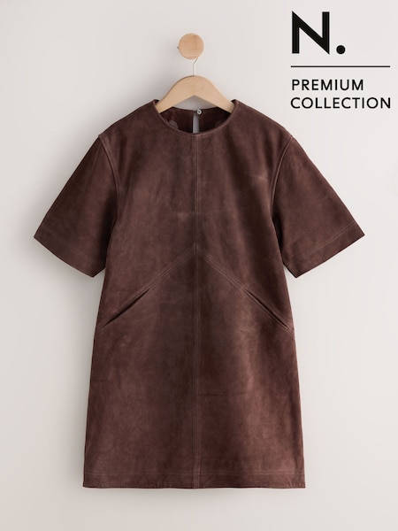 Chocolate Brown Mini N. Premium Real Suede Boxy Dress (F35459) | £190