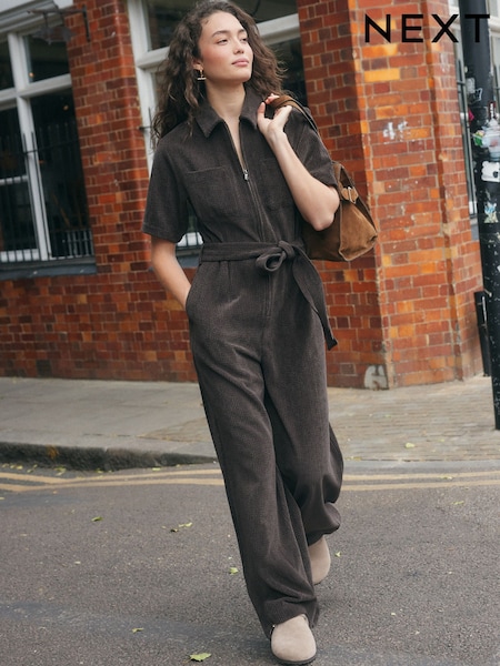 Chocolate Brown Cord Tie Waist Short Sleeve Jumpsuit (F35470) | £64