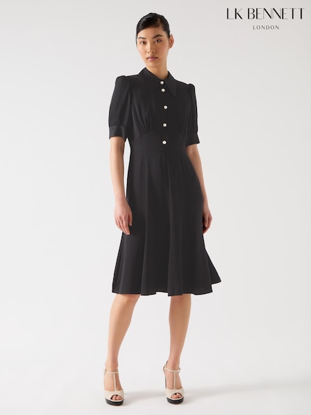 LK Bennett Blue Esme Chambray Cotton Blend Chambray Pearl Button Dress (F35488) | £249