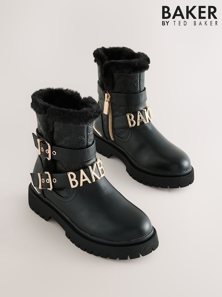 Baker by Ted Baker Girls Buckled Faux Fur Trim Chunky Boots (F35887) | £52 - £54