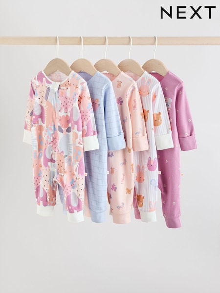Pink Animal Character Two Way Zip Baby Sleepsuits 5 Pack (0mths-3yrs) (F35902) | £33 - £35