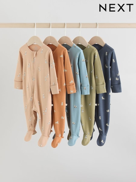 Mineral Blue 100% Cotton Two Way Zip Baby Sleepsuits 5 Pack (0mths-2yrs) (F35910) | £31 - £33