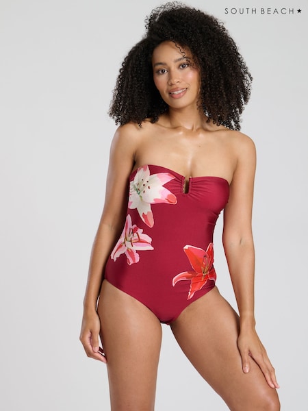 South Beach Red Floral U Wire Bandeau Tummy Control Swimsuit with Removable Straps (F35983) | £55