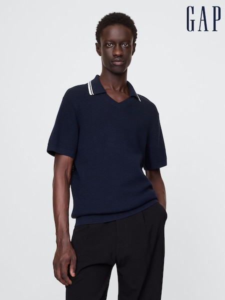 Gap Navy/Blue Johnny-Collar Short Sleeve Knitted Polo Jumper (F36032) | £30
