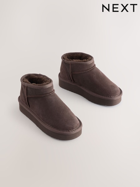 Chocolate Brown Standard Fit (F) Flatform Mini Warm Lined Water Repellent Suede Pull-On Boots (F36119) | £26 - £33