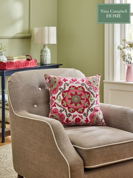 Nina Campbell Pink Fergana Floral Print Embroidered Feather Filled Cushion (F36147) | £40