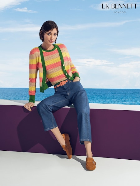 LK Bennett Green Cinzia Treetop Multicoloured Cotton Blend Zig Zag Pointelle Knit Cardigan (F36231) | £149