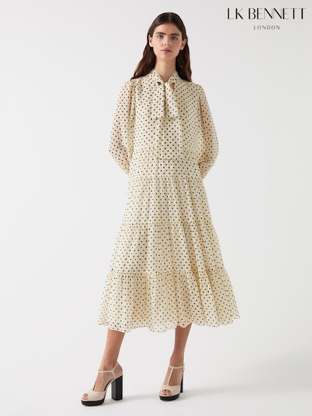 LK Bennett Cream Polly Birch Tie Neck Long Sleeve Georgette Dress (F36236) | £299