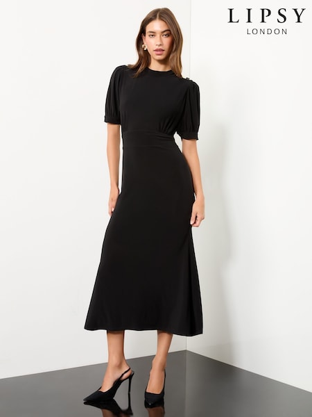 Lipsy Black Miitary Button Short Sleeve Midi Jersey Dress (F36244) | £49
