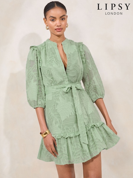 Lipsy Green Textured 3/4 Sleeve Belted Mini Shirt Dress (F36253) | £59