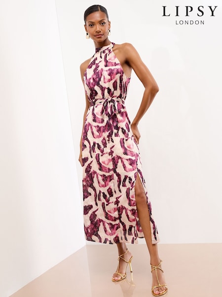 Lipsy Pink Printed Halter Neck Ruched Sleeveless Midi Dress (F36294) | £62