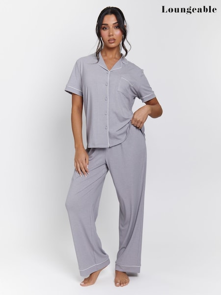 Loungeable Silver Rib Short Sleeve Traditional Shirt and Long Pyjamas (F36306) | £32