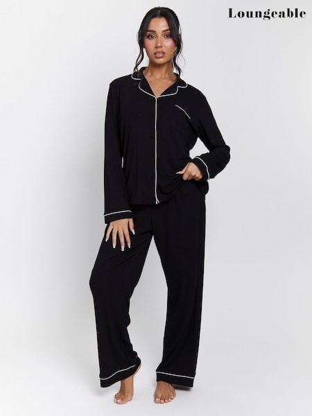Loungeable Black Rib Long Sleeve Traditional Shirt and Long Pyjamas (F36307) | £36