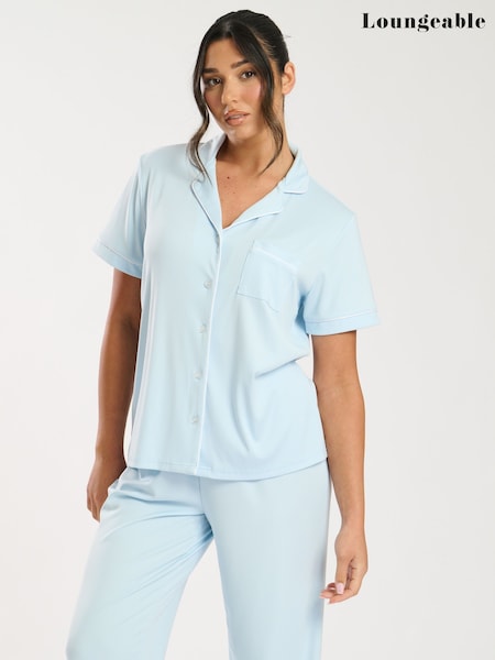 Loungeable Blue Super Soft Jersey Rib Traditional Short Sleeve Long Pyjamas Set (F36309) | £32