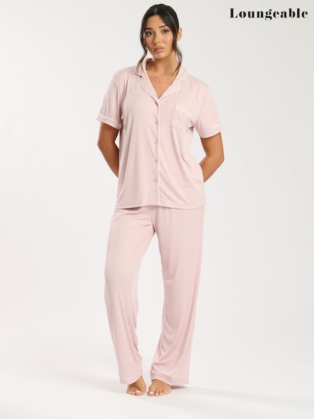 Loungeable Pink Super Soft Jersey Rib Traditional Short Sleeve Long Pyjamas Set (F36310) | £32