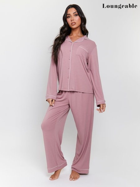 Loungeable Pink Rib Long Sleeve Traditional Shirt and Long Pyjamas (F36313) | £36
