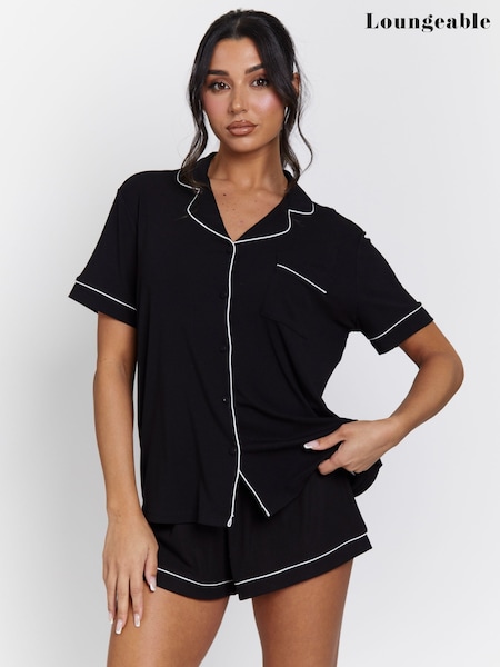 Loungeable Black Rib Short Sleeve Traditional Shirt and Shorts Set (F36314) | £28