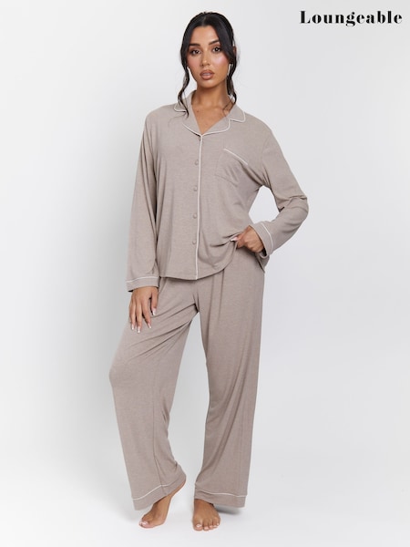 Loungeable Brown Rib Long Sleeve Traditional Shirt and Long Pyjamas (F36315) | £36