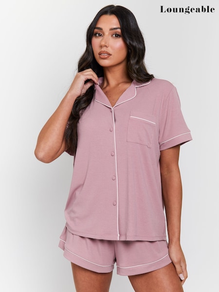 Loungeable Pink Rib Short Sleeve Traditional Shirt and Shorts Set (F36319) | £28