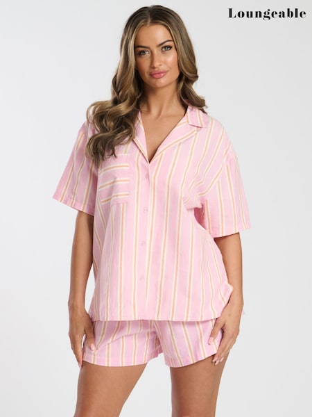 Loungeable Pink Woven Traditional Short Sleeve Pyjamas Set (F36322) | £35