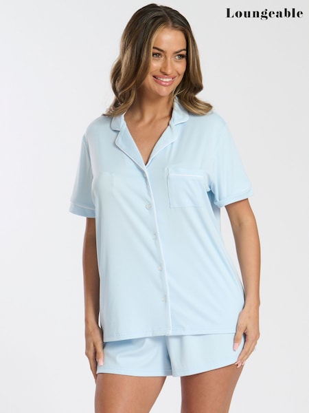 Loungeable Blue Super Soft Jersey Rib Traditional Short Sleeve Set (F36325) | £28
