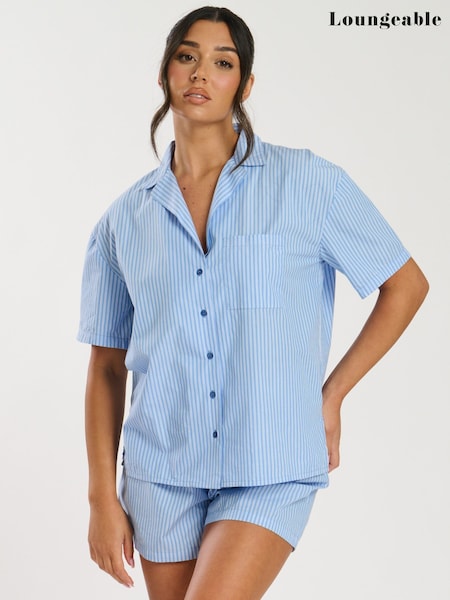 Loungeable Blue Woven Traditional Short Sleeve Pyjamas Set (F36330) | £35