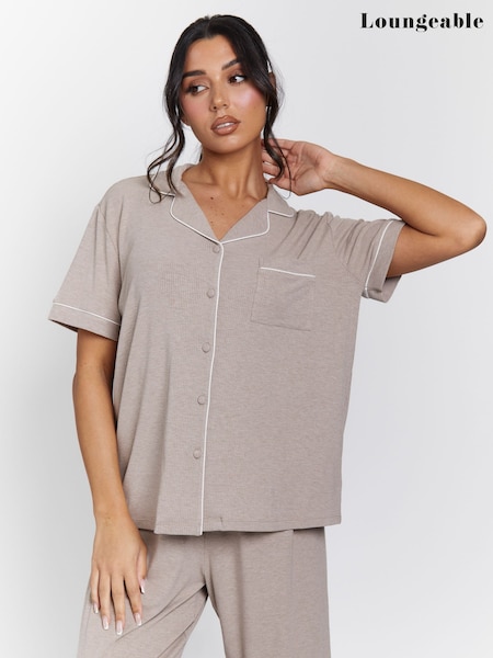 Loungeable Brown Rib Short Sleeve Traditional Shirt and Long Pyjamas (F36337) | £32