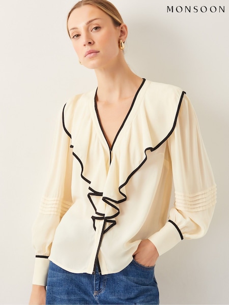 Monsoon Natural Lennox V-Neck Ruffle Blouse (F36623) | £75