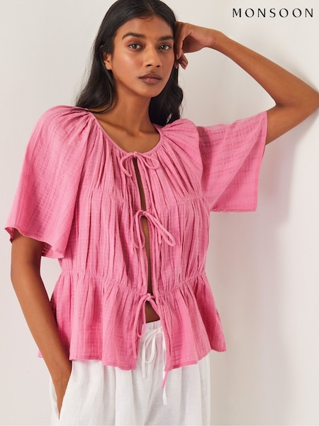 Monsoon Pink Marlee Short Sleeve Tie-Front 100% CottonTop (F36632) | £45