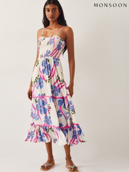 Monsoon Natural Fiona Floral Print Bandeau Midi Dress (F36634) | £65