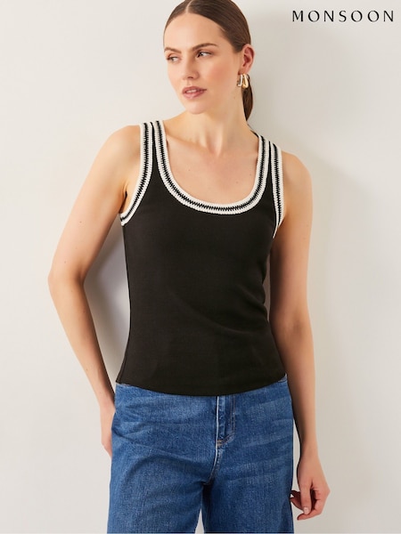 Monsoon Black Tate Crochet Trim Tank Top (F36641) | £25