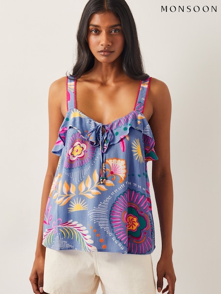 Monsoon Blue Monika Frill Floral Print Cami Top (F36642) | £45