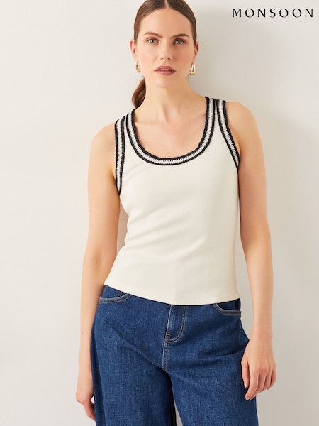 Monsoon Natural Tate Crochet Trim Tank Top (F36645) | £25