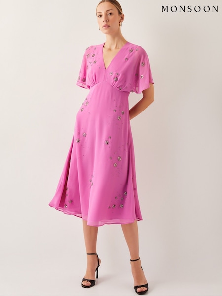 Monsoon Pink Candice Embellished Flutter Sleeve Midi Dress (F36657) | £150