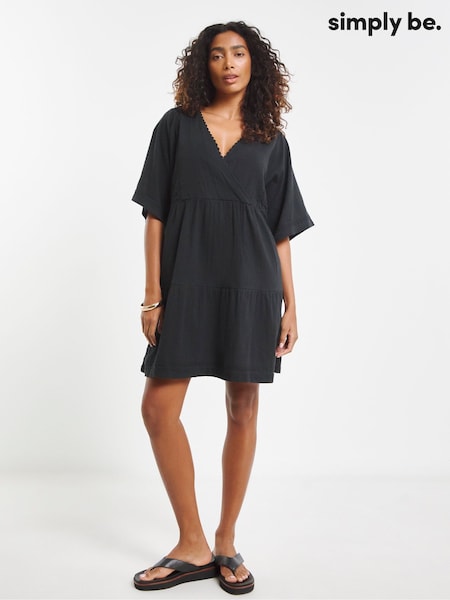 Simply Be Black Beach To Beach Rik Rak Mini Beach 100% Cotton Dress (F36724) | £28