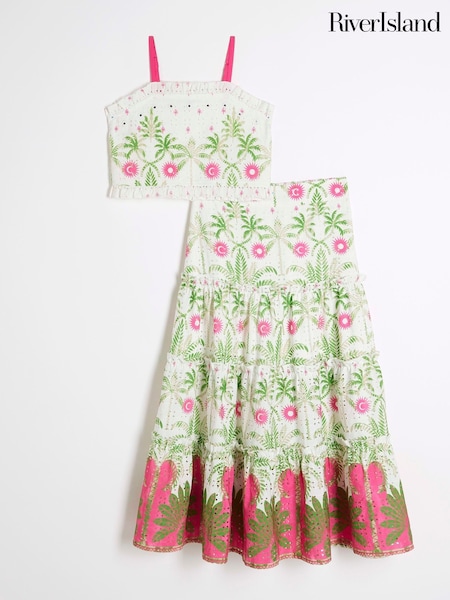 River Island Cream Girls Tropical Palm Skirt Set (F36788) | £26