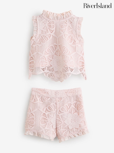 River Island Pink Girls Lace 100% Cotton Shorts Set (F36798) | £30