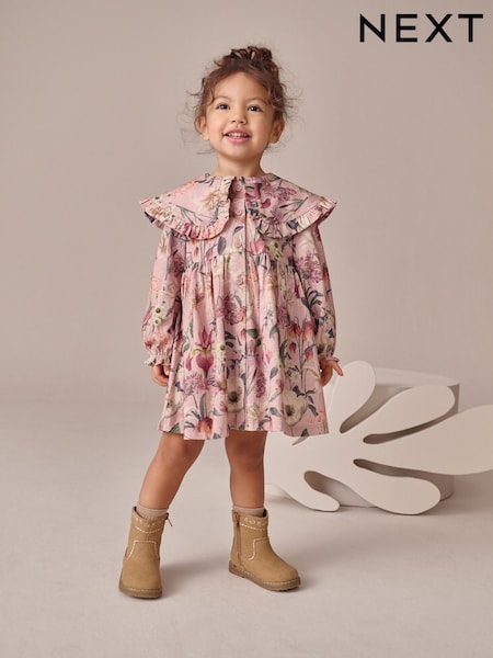 Pink Floral Print Long Sleeve Collared Dress (3mths-7yrs) (F36857) | £11 - £13