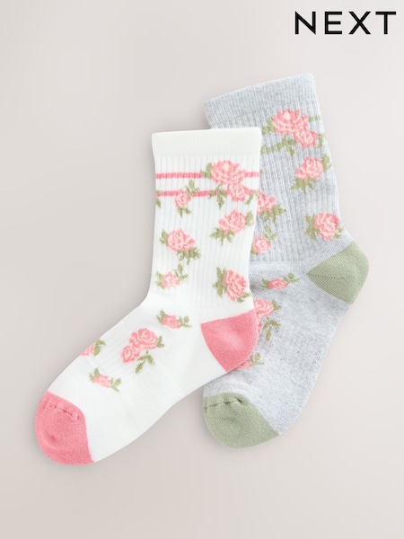 Cream Cotton Rich Cushioned Sole Floral Print Ankle Socks 2 Pack (F36921) | £4 - £5