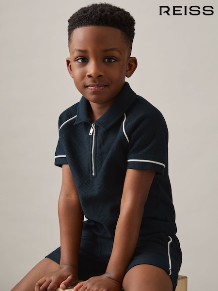 Reiss Navy Lolland Cotton Textured Half-Zip Polo Shirt (F37227) | £32