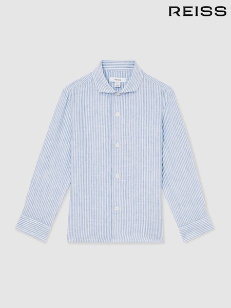 Reiss Blue/White Stripe Ruban 100% Linen Long Sleeve Shirt (F37230) | £44