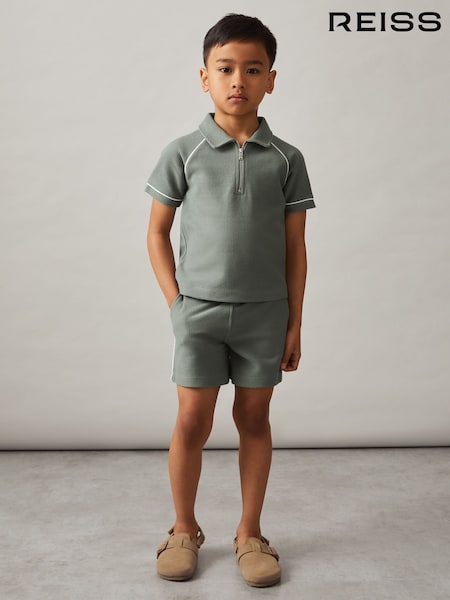 Reiss Sage Green Lolland Cotton Textured Half-Zip Polo Shirt (F37235) | £32