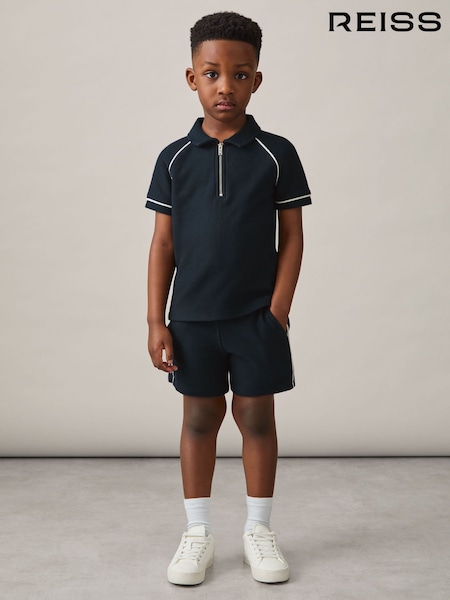 Reiss Navy Lolland Cotton Textured Half-Zip Polo Shirt (F37245) | £28