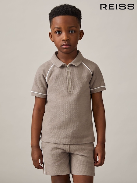 Reiss Mink Brown Lolland Cotton Textured Half-Zip Polo Shirt (F37249) | £32