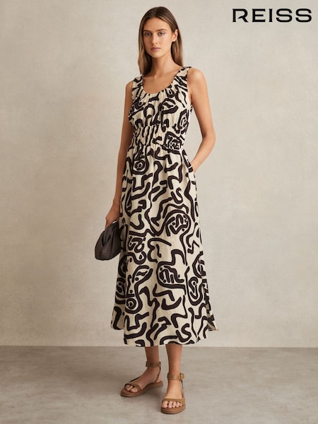 Reiss Brown/Ivory Akari Linen-Blend Printed Shirred Midi Dress (F37256) | £180