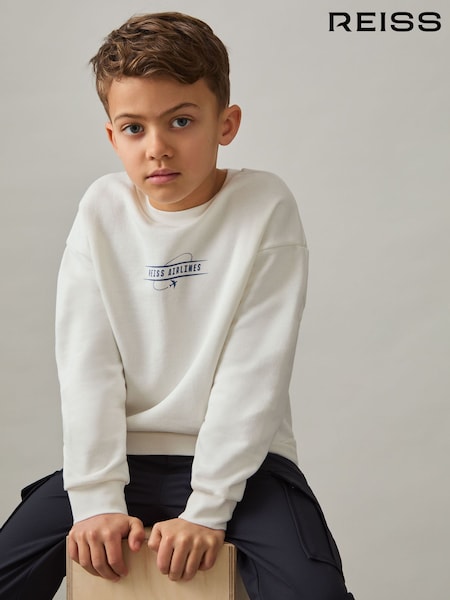 Reiss White/Blue Orville Cotton-Blend Airlines-Print Sweatshirt (F37258) | £36