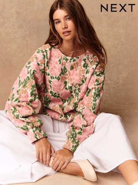 Floral Pink/Green Compact Cosy Soft Crew Neck Jumper With Ribbed Detail (F37300) | £34